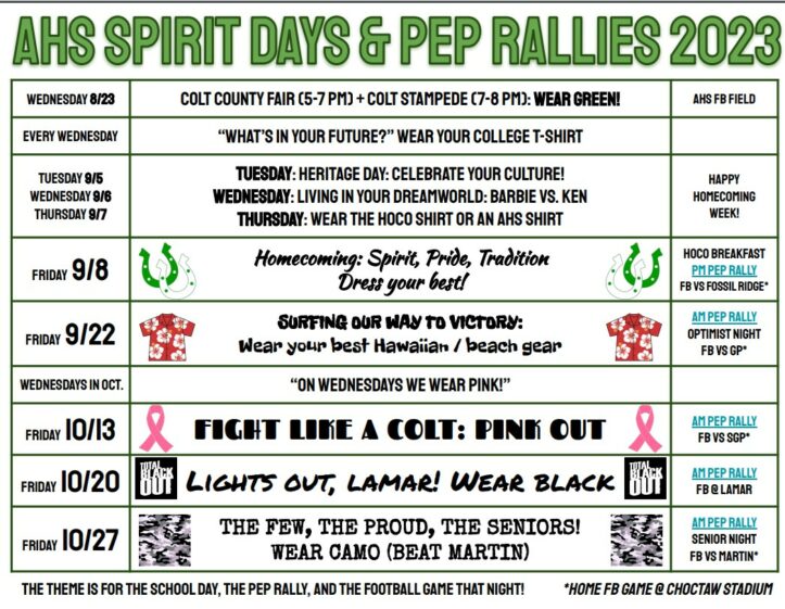 Bell Schedule and Pep Rally Schedules and Spirit Days - Arlington High