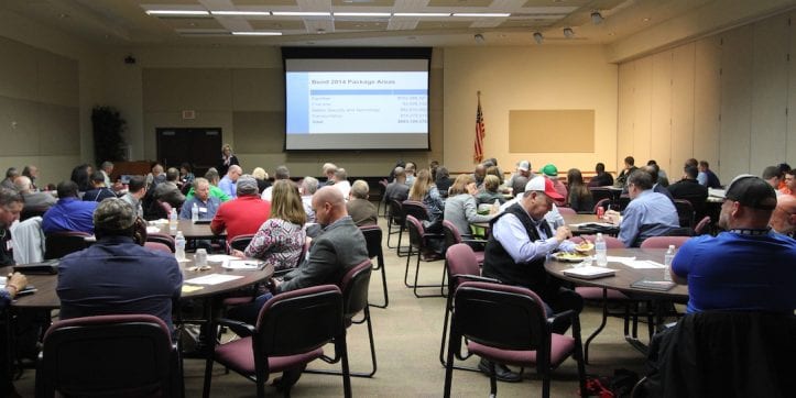 AISD CFO Cindy Powell speaks at the AISD general contractor and subcontractor symposium on Oct. 24, 2018