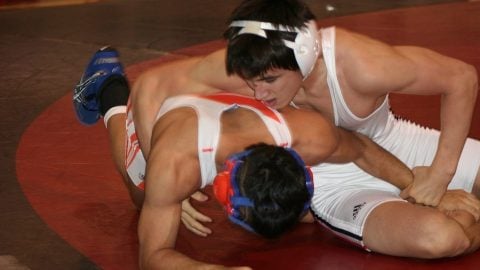 Student athletes in a wrestling match.