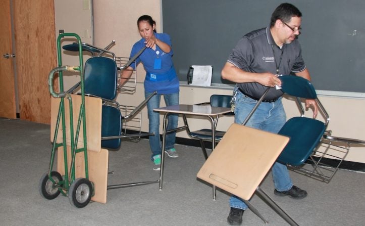 Desks getting set up in portable classrooms at Workman Junior High