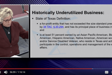 Screenshot of Cindy Powell at an AISD Board of Trustees meeting giving an update on HUB participation