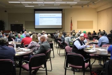 AISD CFO Cindy Powell speaks at the AISD general contractor and subcontractor symposium on Oct. 24, 2018