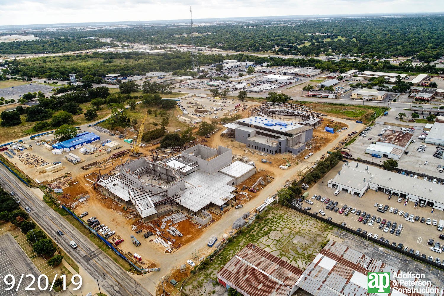 Aerial photo of construction of future AISD Fine Arts Center and Athletics Complex