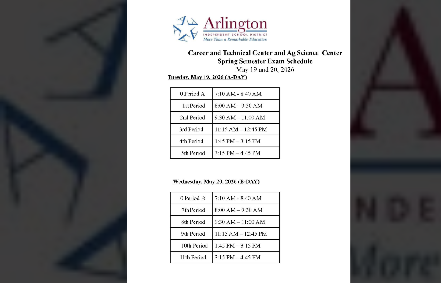 spring exam schedule