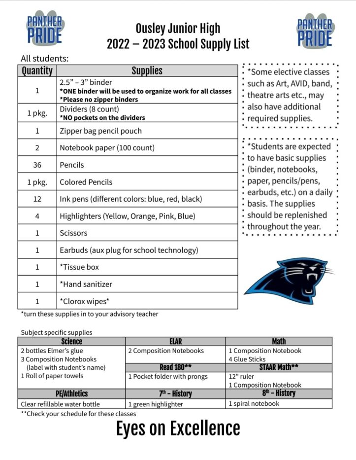 School Supply List Ousley Junior High