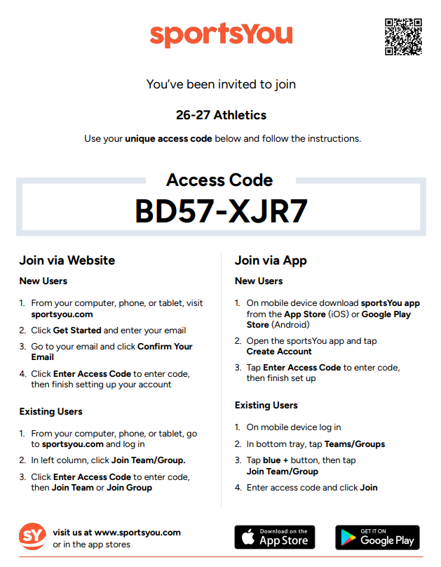 You've been invited to join 26-27 Athletics with sports you. Use your unique access code of "BD57-XJR7" at www.sportsyou.com.
