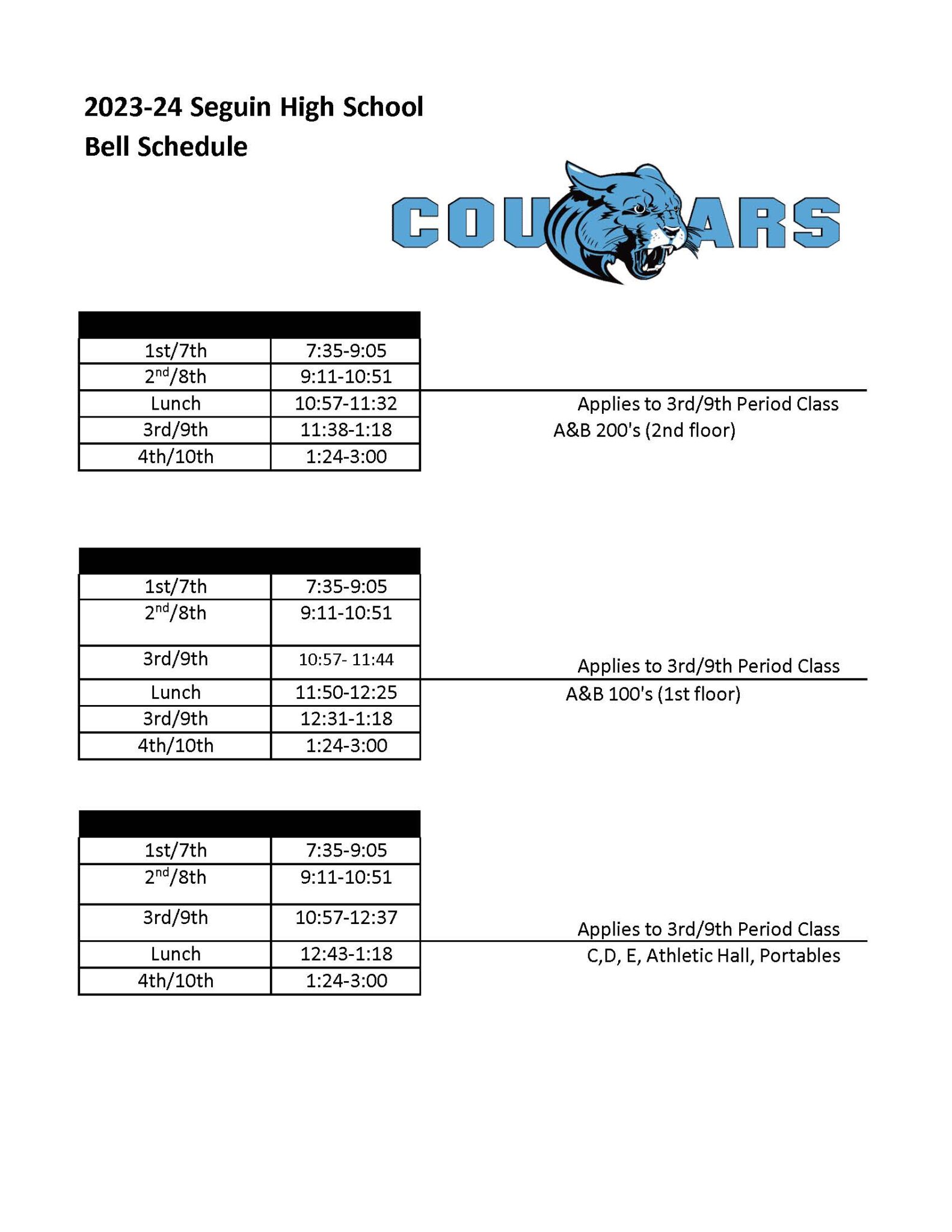 Bell Schedule for 2023/2024 School Year - Seguin High School