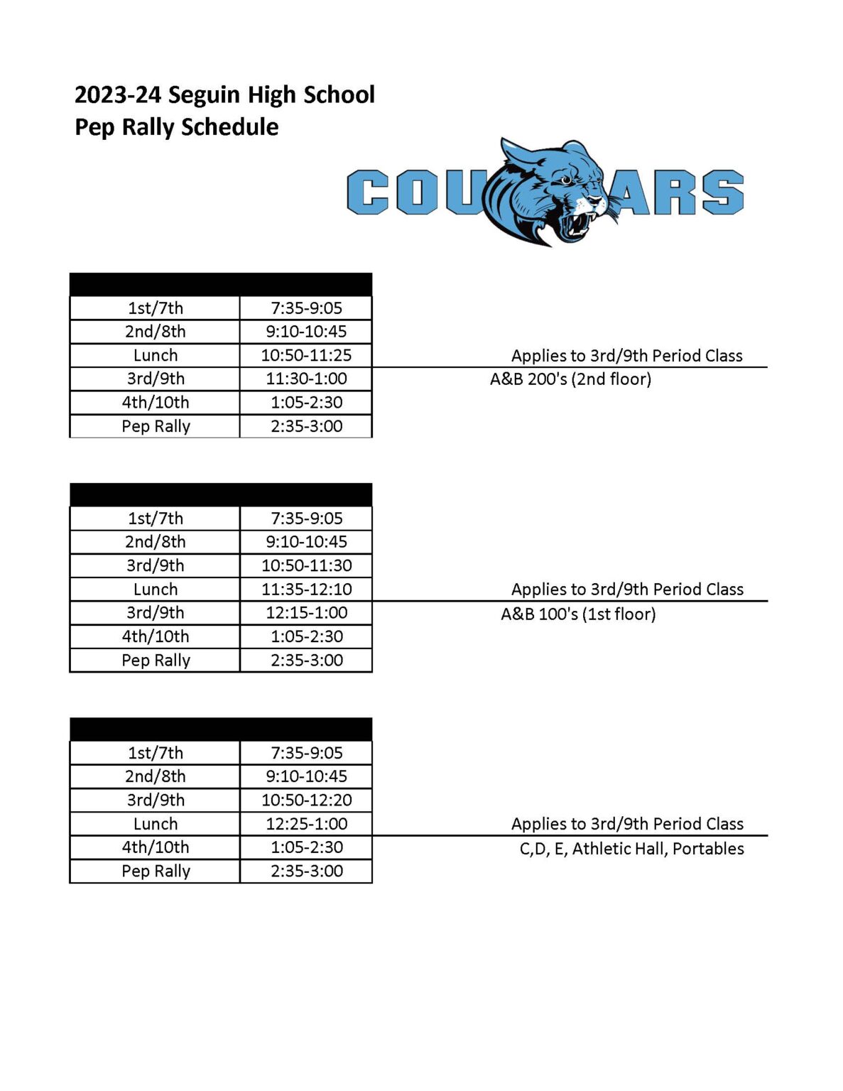 Bell Schedule for 2023/2024 School Year Seguin High School