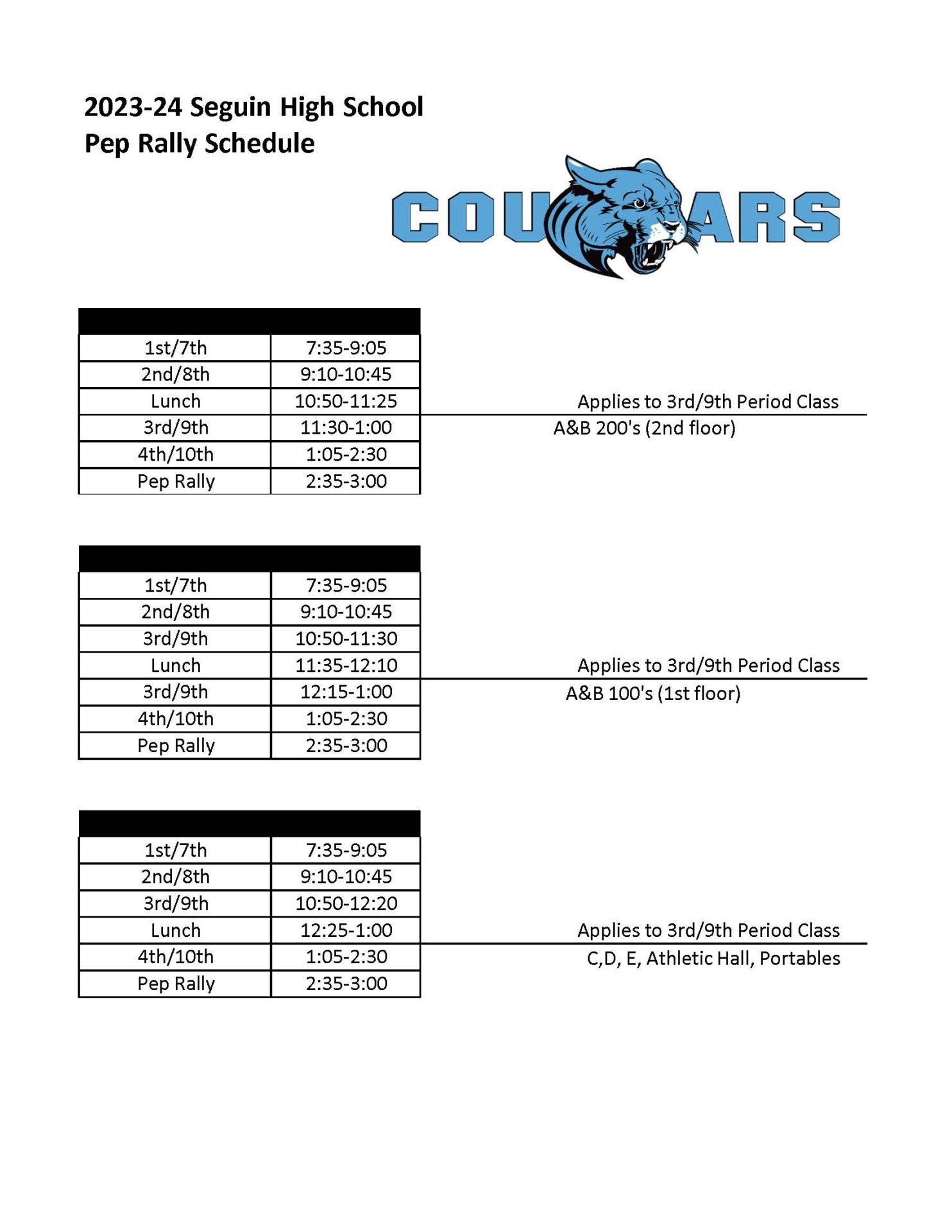 Bell Schedule for 2023/2024 School Year Seguin High School