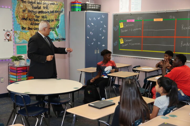 Dr. Cavazos speaks with students at Ousley Junior High on the super first day