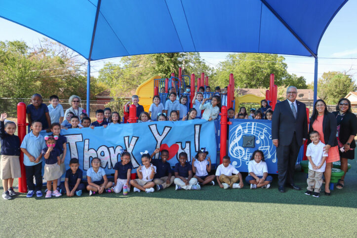 Dr. Cavazos visit the new Crow Leadership Academy playgrounds on the super first day