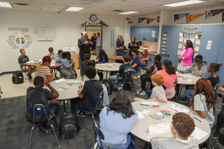 Dr. Cavazos visits with Lamar P-TECH class on super first day