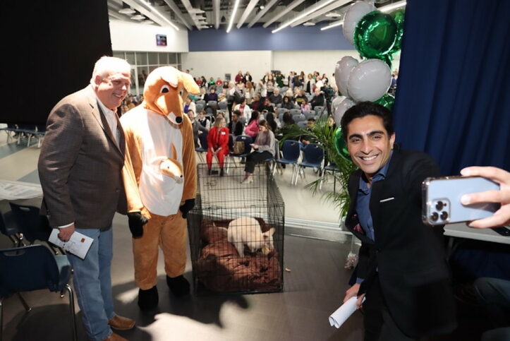 Arlington Major Jim Ross and Texas Rep. Salman Bhojani pose with wallabies at Webb Elementary dedication