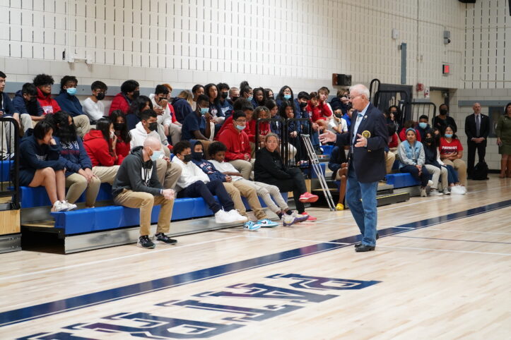 Medal of Honor winner Robert Patterson talks to students at Shackleford Junior High