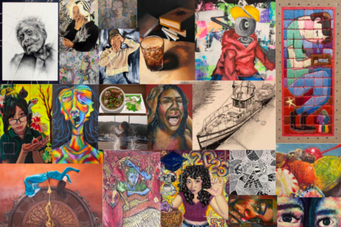 Collage of art pieces with a large variety of colors and faces