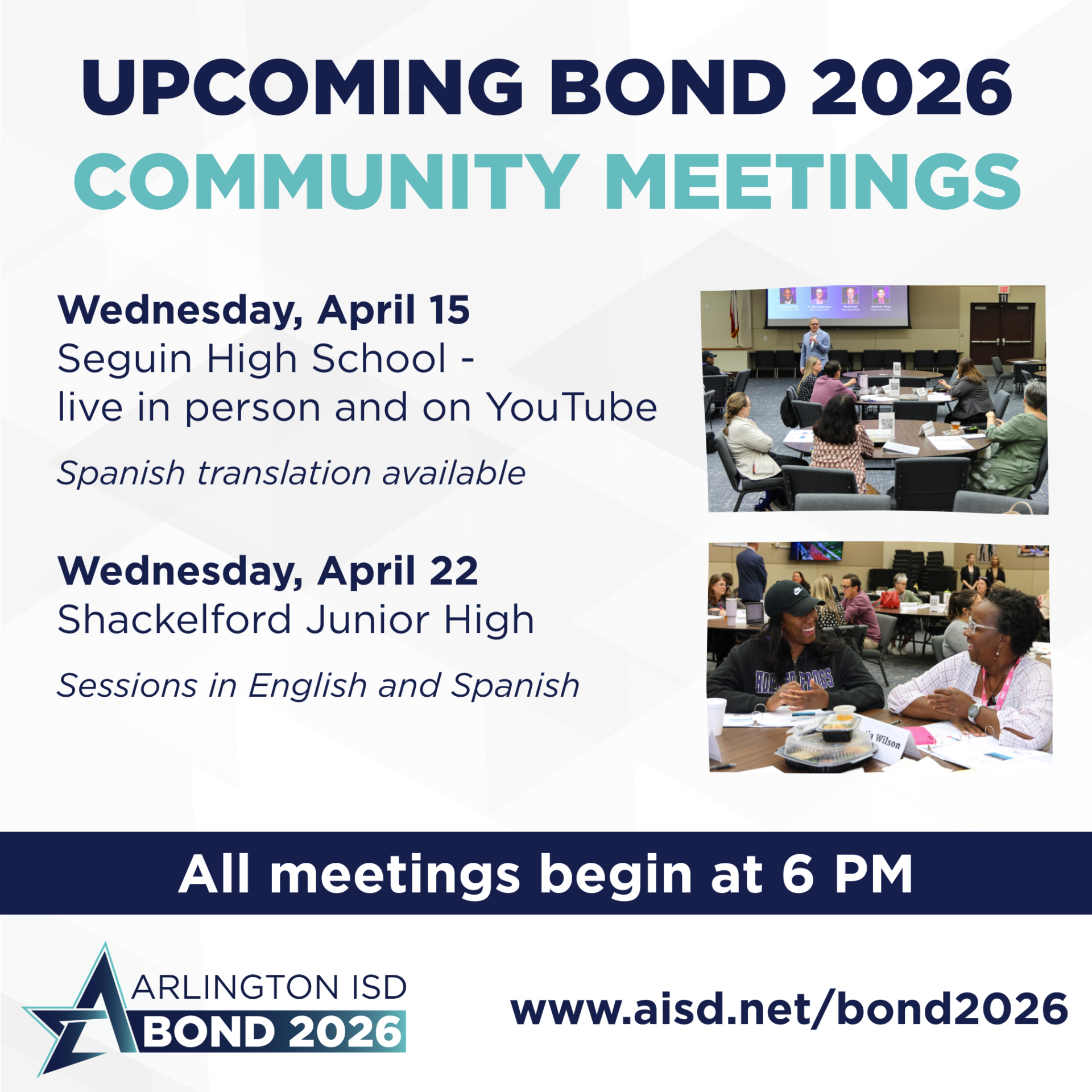 Come learn about the 2026 Bond proposal. Ask questions and find out how it would impact our schools. April 15 - Seguin High School Will be Livestreamed) April 22 - Shackelford Junior High All meeting start at 6 p.m.