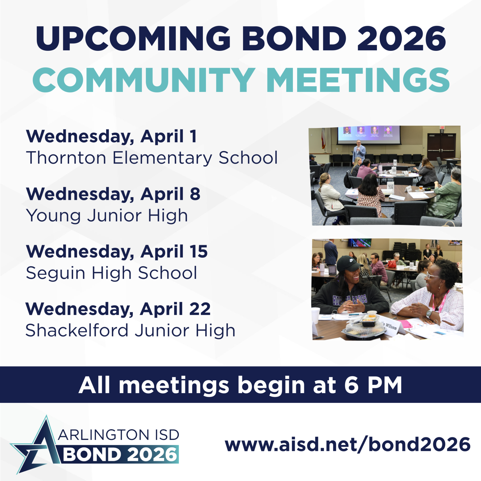 Come learn about the 2026 Bond proposal. Ask questions and find out how it would impact our schools. April 1 - Thornton Elementary School April 8 - Young Junior High April 15 - Seguin High School April 22 - Shackelford Junior High All meeting start at 6 p.m.
