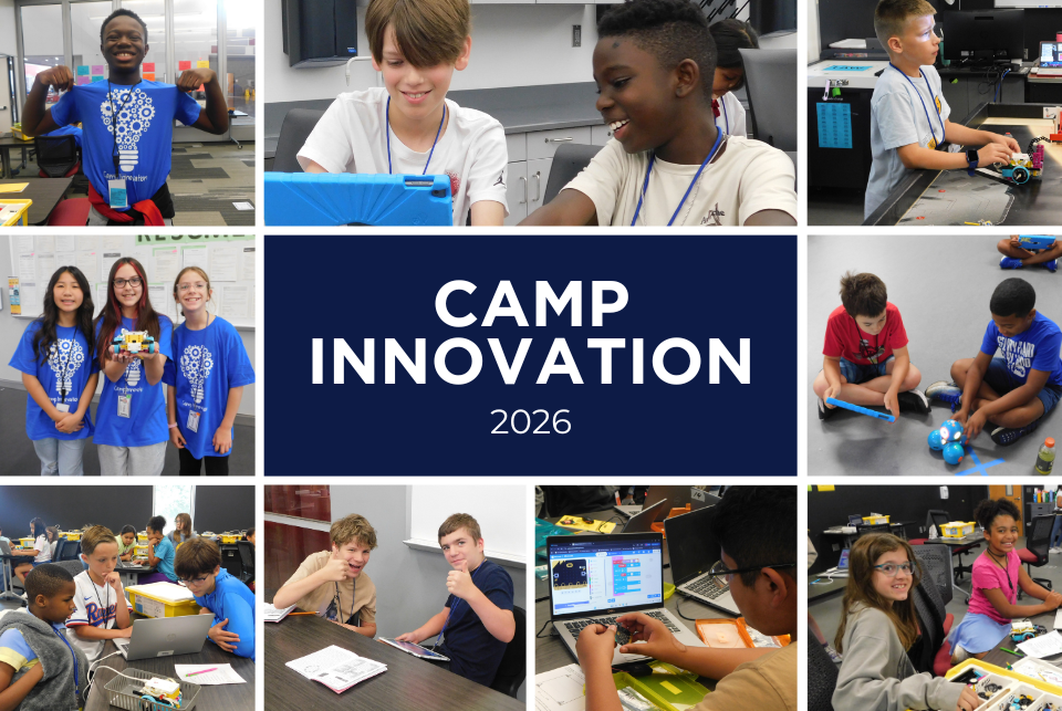Collage of images from "Camp Innovation 2026" featuring various children engaged in science and technology activities. Children are building LEGO models, programming on laptops, and operating robots in a classroom setting. Central text reads "Camp Innovation 2026. Students kick off summer break with discovery at Camp Innovation