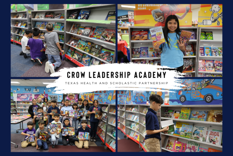 The image shows three scenes inside a library at Crow Leadership Academy. In the first scene, a group of students browses books on shelves. In the second scene, an individual holds up two books while standing in front of a colorful display. In the third scene, a larger group of students and one adult pose with books, forming a cheerful group photo. The setting is colorful and filled with various children's books. The text on the image reads: "Crow Leadership Academy - Texas Health and Scholastic Partnership."