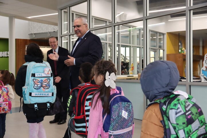 Dr. Cavazos greets students on first day of new Webb Elementary