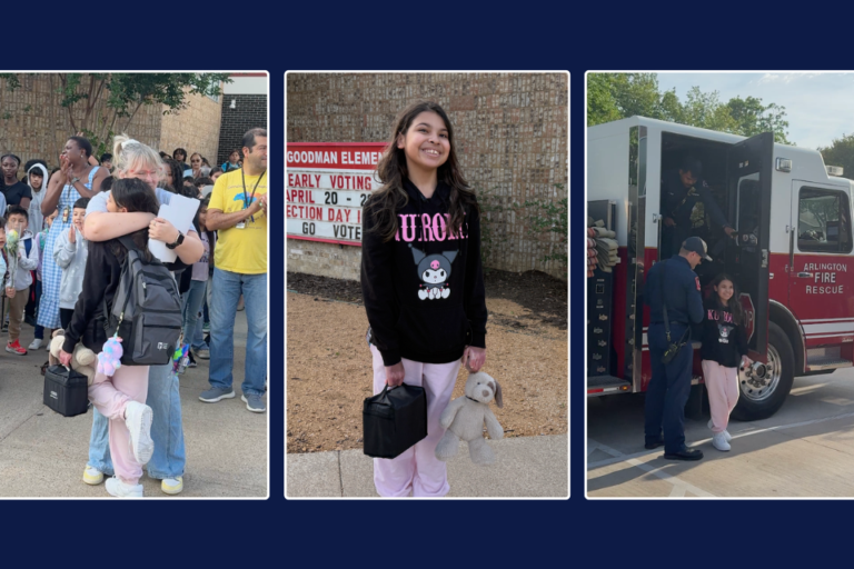 A fourth‑grade girl returns to Goodman Elementary after recovering from a house fire. In the first photo, she hugs an adult outside the school as students and staff clap around her; she holds a black lunchbox and a stuffed toy. In the second photo, she smiles in front of a school sign while wearing a black Kuromi sweatshirt, pink pants, and white shoes. In the third photo, she stands beside an Arlington Fire Rescue truck, interacting with two firefighters who helped escort her to school.