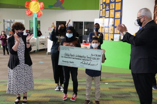Peach students present check to Debbie Peach for scholarship fund