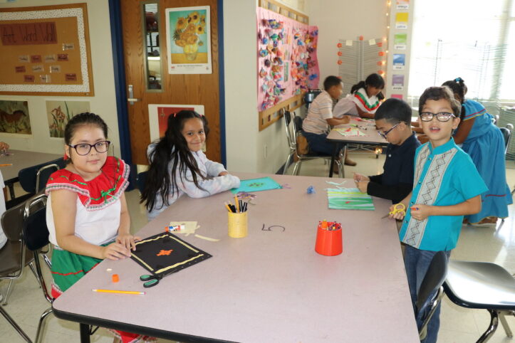 Making Mexican carpets for Hispanic Heritage Month at Thronton Elementary