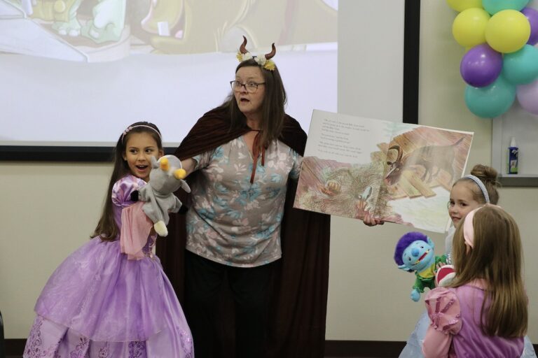 fairytale event Once Upon a Time. Pre-K teacher reads "Billy Goat Gruff."