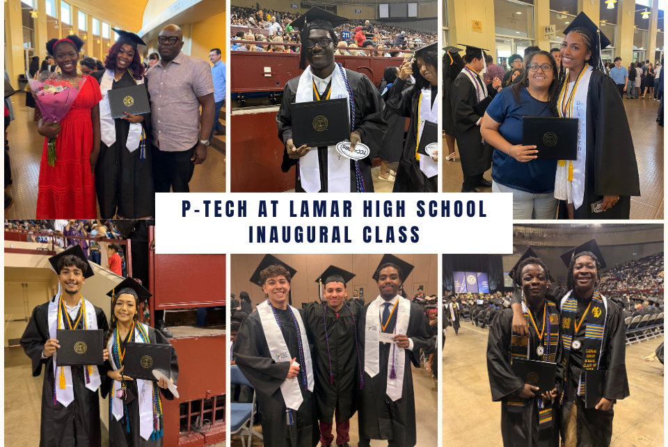 Graduates posing with diplomas at the P-TECH at Lamar High School inaugural class ceremony. Some individuals wear caps and gowns, and others hold flowers or stand with loved ones. The background shows a large auditorium filled with attendees. Lamar High School P-TECH graduating inaugural class