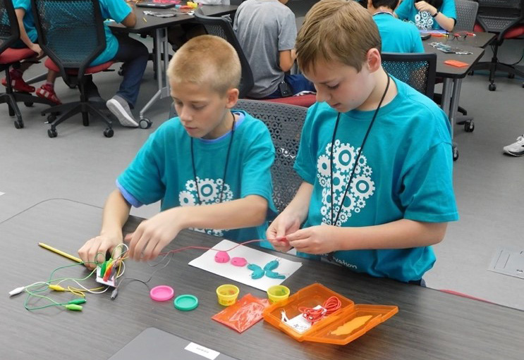 Two students working with a Makey-Makey