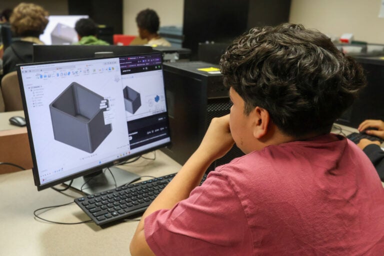 a P-Tech at Seguin High School student using computer aided design