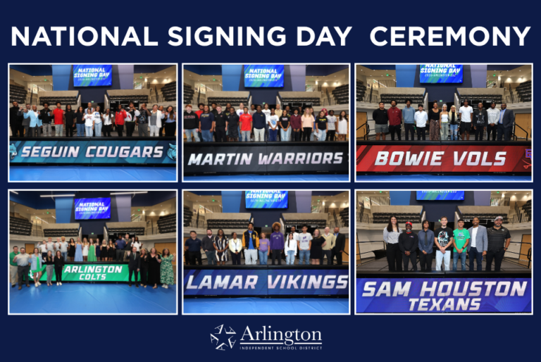 A photo collage of six groups of high‑school students smiling and posing during a National Signing Day ceremony. Each group stands together behind the name of the school on a screen.