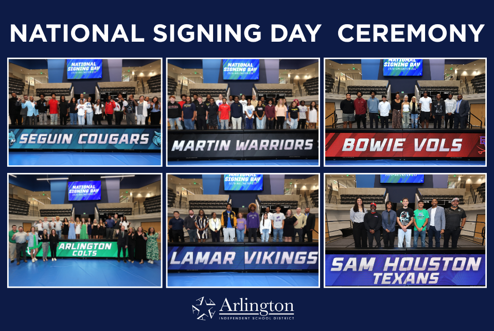A photo collage of six groups of high‑school students smiling and posing during a National Signing Day ceremony. Each group stands together behind the name of the school on a screen.