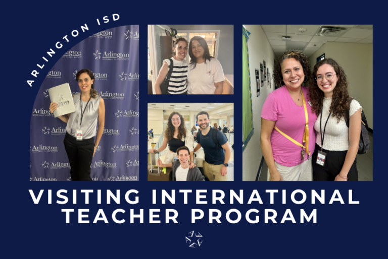 A promotional collage for the Arlington ISD Visiting International Teacher Program, featuring four photos of educators in classroom or professional settings on a dark blue background with the Arlington ISD logo and program title.