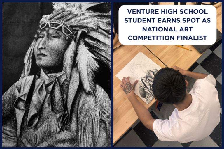 A person sketches a detailed drawing of a figure wearing a feathered headdress on a table. The image includes text: "Venture High School student earns spot as National Art Competition finalist."
