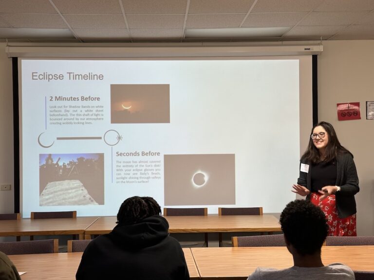 Kathryn Wilbanks talk to high school students about upcoming total solar eclipse